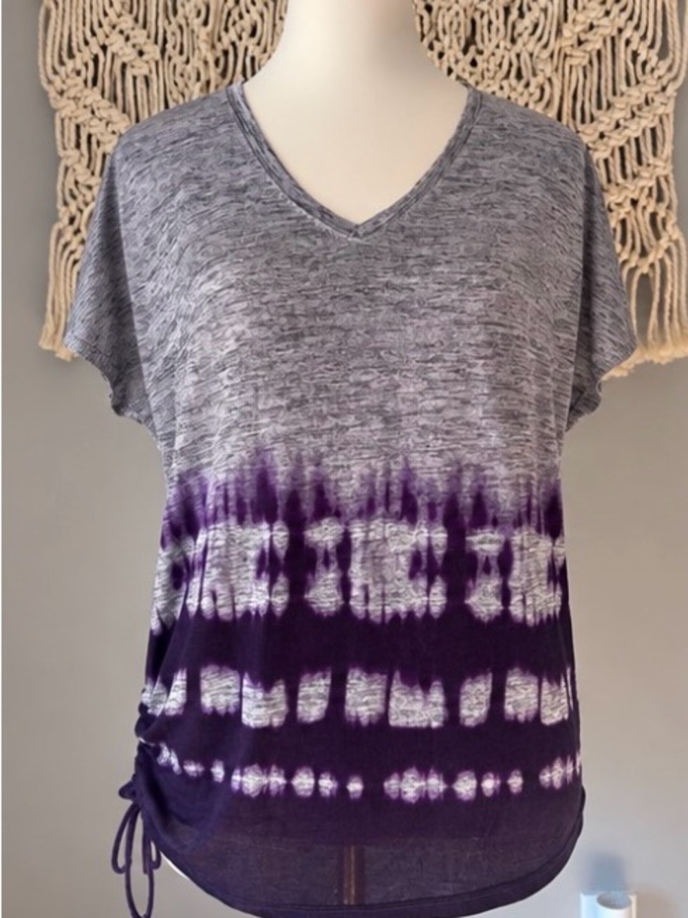 Simply Vera Vera Wang Gray and Purple Tie-Dye V-Neck Short Sleeve Top